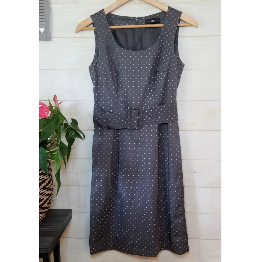 H&M Sleeveless A-Line Belted Dot Dress Gray Size 4